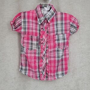 Diva Y2K Rhinestone Western Shirt Pink Black Metallic Silver Plaid Short Sleeves